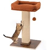 FUKUMARU Retro-Style Cat Scratching Post with Perch for Indoor Adult Cats | 28.7" Elevated Tall Cat Bed, Solid Wood Large Cat Scratcher Tower with Bed, Aesthetic Cat Tree Furniture with Natural Sisal