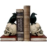 Evil Omen Raven On Skull Perch Decorative Bookend Set | 7 in High, Resin Casting, Hand Painted Finish, Brown Leather-Like Book Covers, 4.5 X 4 in Footprint