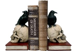 DWK - Murder and Mystery - Ravens on Skulls Bookends Gothic Poe Crow Reading Bookshelf Theme for Your Library Home Décor Book Shelf Accent 8.5 Inches in Length