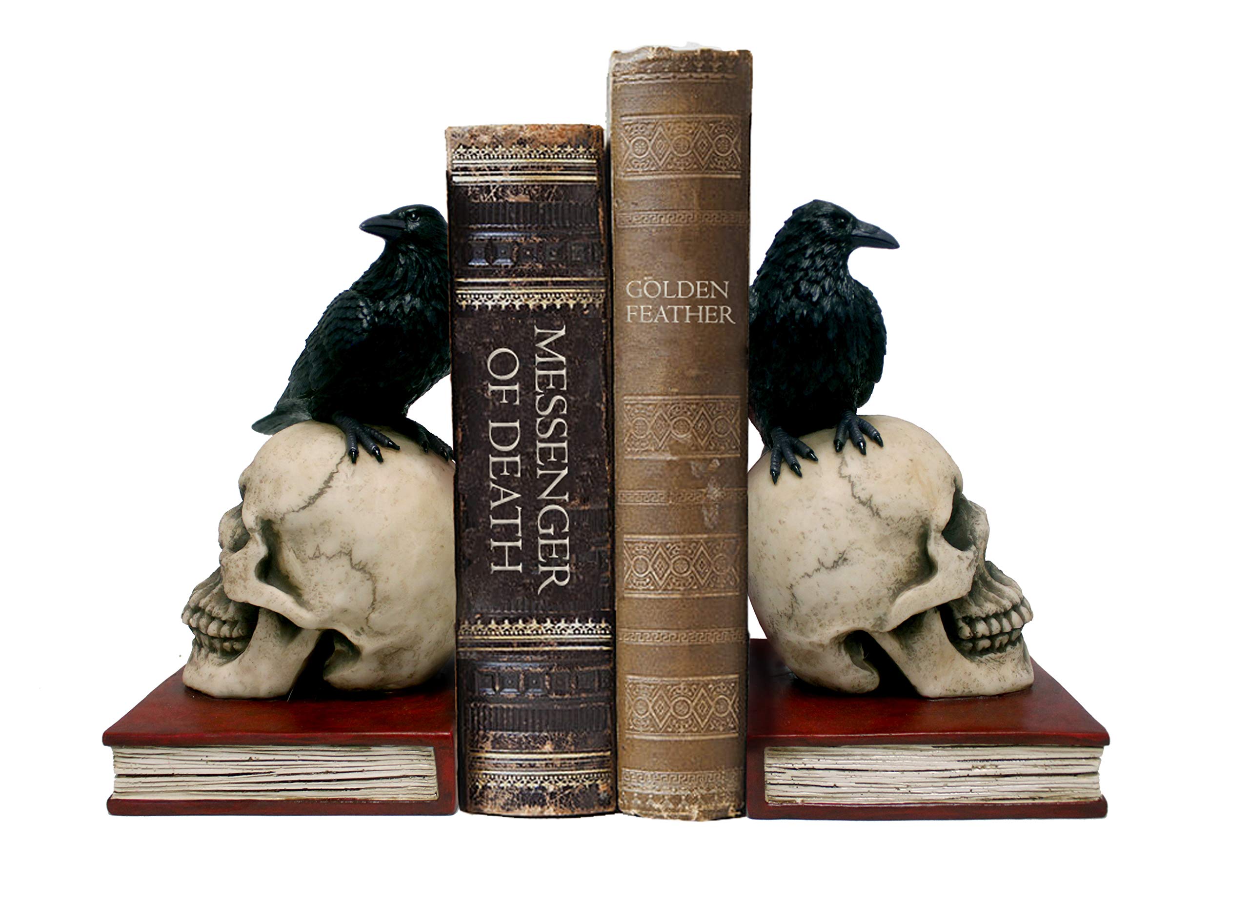 DWK - Murder and Mystery - Ravens on Skulls Bookends Gothic Poe Crow Reading Bookshelf Theme for Your Library Home Décor Book Shelf Accent 8.5 Inches in Length