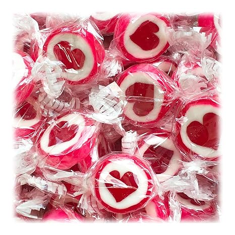 Herzbonbons zu Hochzeit Taufe Kommunion 500g rot-weiß - handgewickelte Rocks-Bonbons mit rotem Herz - Sorte Erdbeere - Tischd