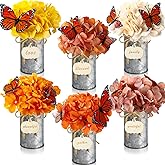 Mimorou 6 Set Fall Thanksgiving Table Centerpiece with Vintage Metal Vases Faux Fall Table Artificial Floral Centerpiece with 3D Butterfly for Autumn Harvest Farmhouse Home Decor (Retro Colors)