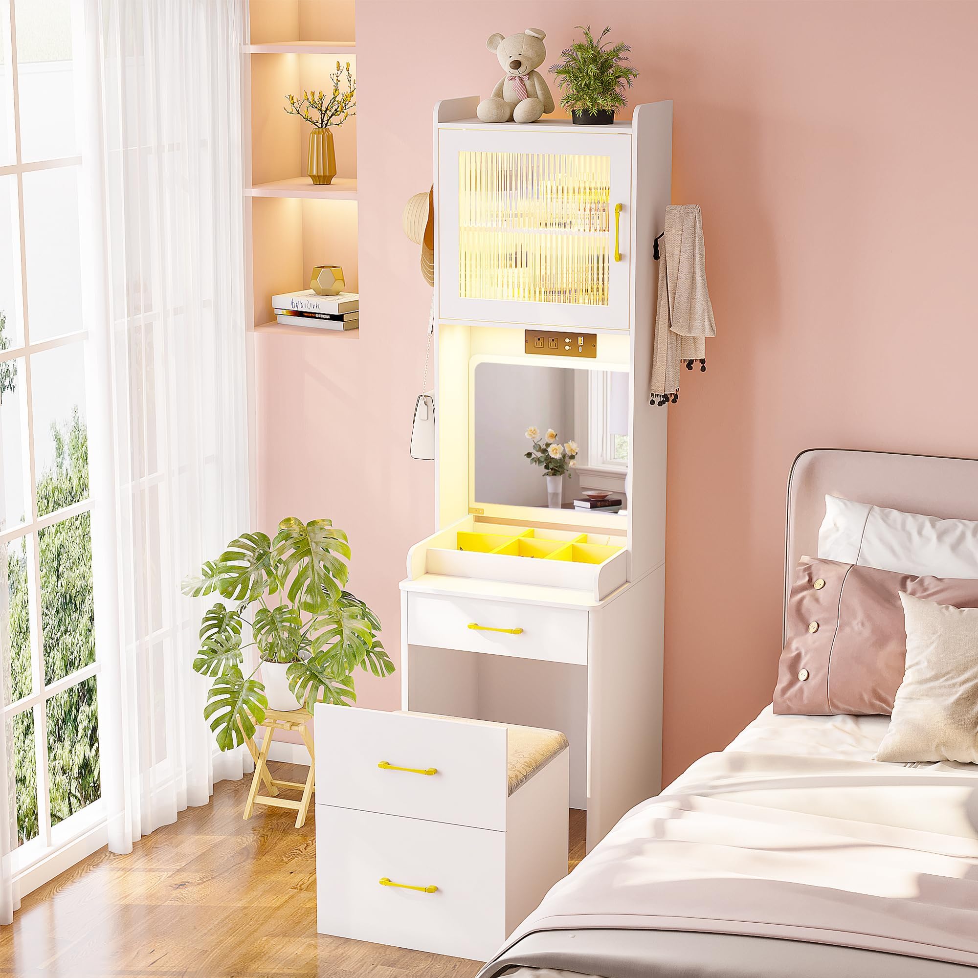 Gurexl Small Vanity Desk with Plipup Mirror,Makeup Vanity Set with