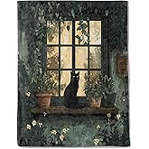 ainori Black Cat and Window Flannel Blanket - Lightweight Soft Cozy Unique Gifts Blankets for Kitten Lovers,Kids,Adult,Women,Vintage Botanical Cottage Throw,Home Room Modern Decor 50x60in