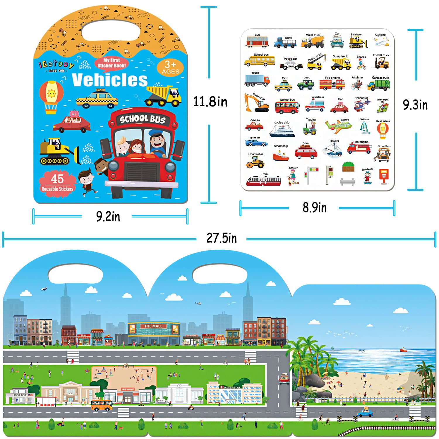 iGetooy Reusable Sticker Books for Toddlers 1-3, Jelly Sticker Books for Kids 2-4, Vehicle Stickers for Kids