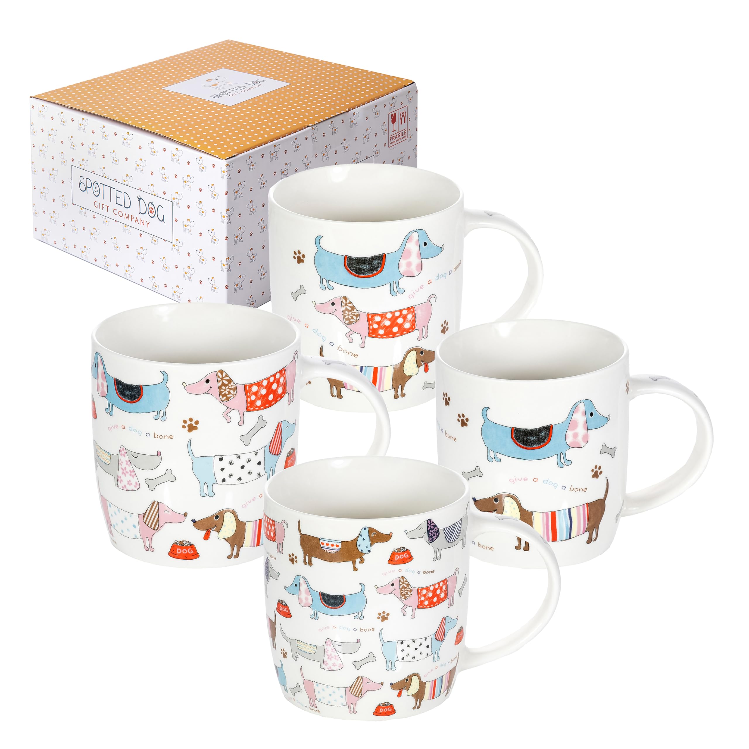 SPOTTED DOG GIFT COMPANY Dog Mugs Set of 4 – 350ml Ceramic China Coffee Mugs & Tea Cups - Funny Dachshund Dogs Themed | Sausage Dog Lover Gifts & Presents for Women, Men & Kids