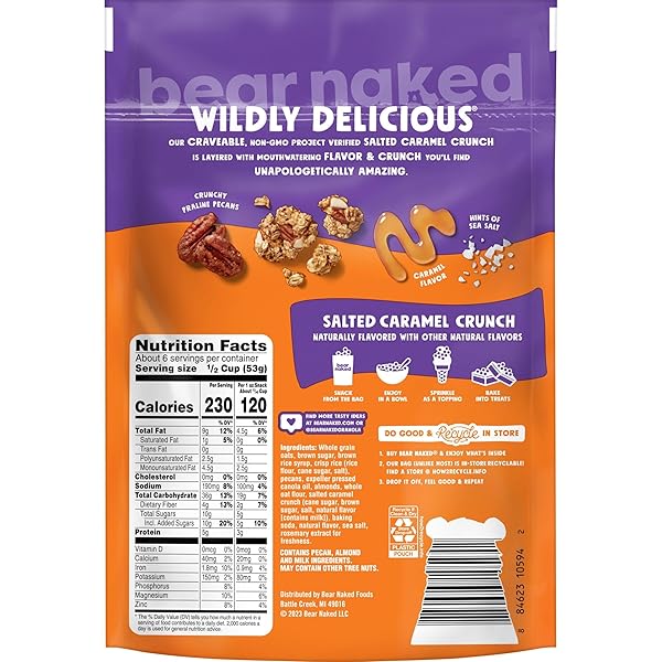 BEAR NAKED SALTED CARAMEL CRUNCH GRANOLA CEREAL, GOOD SOURCE OF FIBER, WHOLE GRAIN, 11 OZ