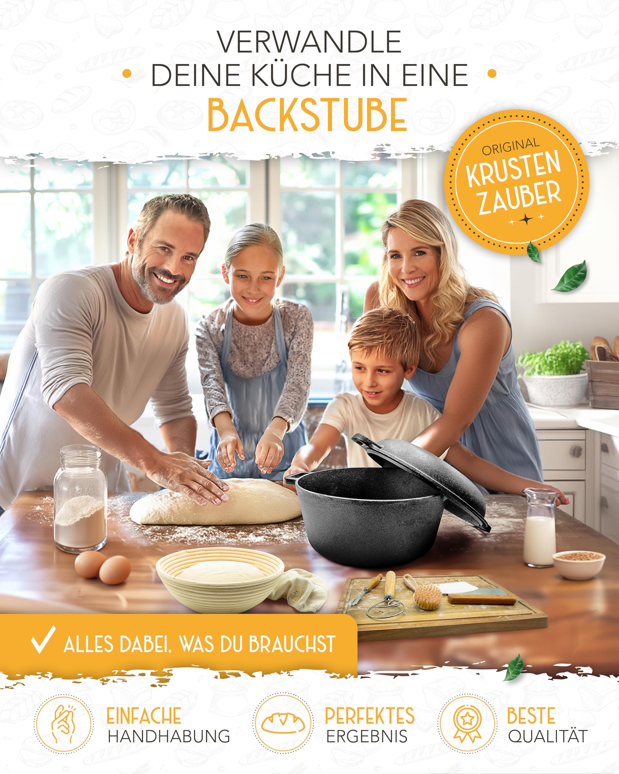 KRUSTENZAUBER Gusseisen Topf Brot Backen im XXL Set - Brotbackform mit Deckel inkl. Gärkorb, Schneebesen, Bäckermesser, Teigschaber, Brotschlinge und mehr - Perfektes Brotbacktopf Set für Anfänger 2