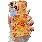 XIZYO Case for iPhone 15, Colorful Retro Oil Painting Flower Cute Floral Aesthetic Curly Wave Frame Laser Glossy Reflective Exquisite Stylish Protective Cover Women Girls-Sunflower/Yellow