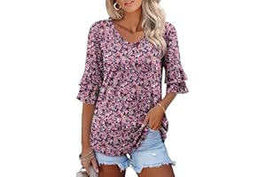 BETTE BOUTIK Womens Tops Ruffle Loose Fit Blouses V Neck T Shirts Dressy Casual 3/4 Bell Sleeve Tee Summer Clothes