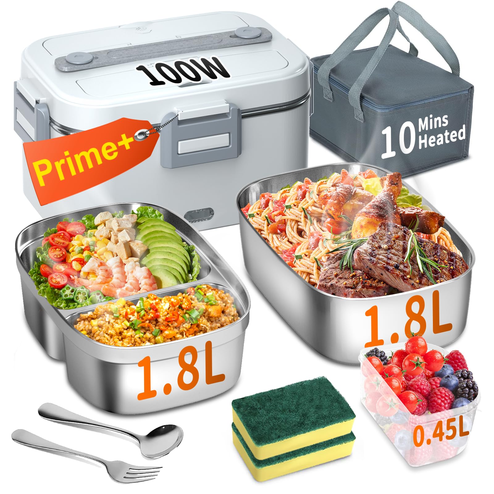 Photo 1 of Electric Heated Lunch Box for Adults with 2 Pack 1.8L Containers, ON/OFF Power Switch & 0.6L Double Layer, Portable 100W 3-IN-1 Fast Heating Food Warmer for Men, ,12V/24V/110V for Car Truck Office