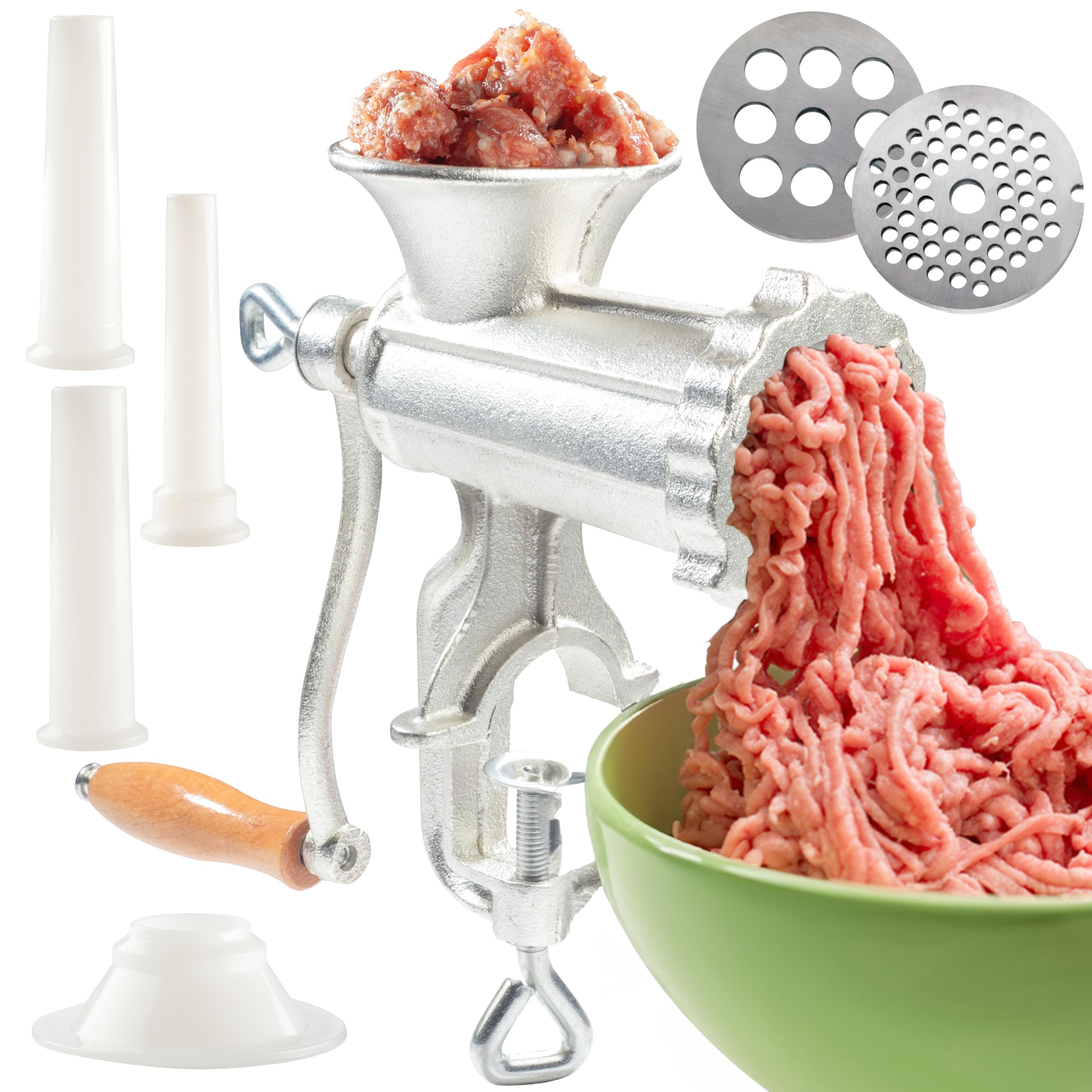 Photo 1 of Meat Grinder w Tabletop Clamp & 2 Cutting Disks, Cast Iron Heavy Duty Sausage Maker & Manual Meat Mincer- Homemade Burger Patties, Ground Beef & More, Portable Cooking, Easy to Use, Kitchen Essential