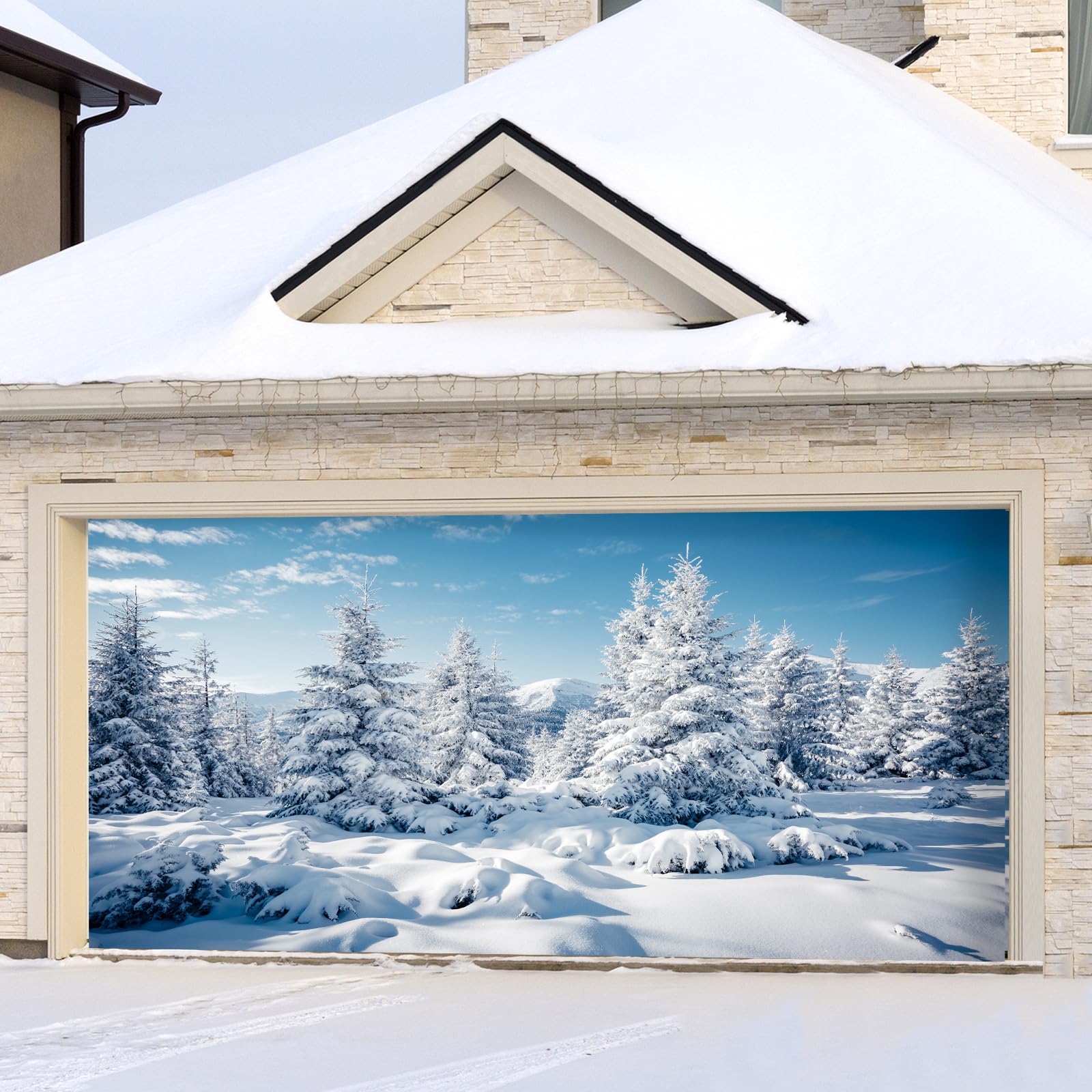 Photo 1 of Peryiter 6 x 13 ft Winter Snow Forest Garage Door Banner Background Decoration with 98.43 ft Rope White Xmas Trees Alps Mountains Ice and Snow World Backdrop New Year Party Banner Cover