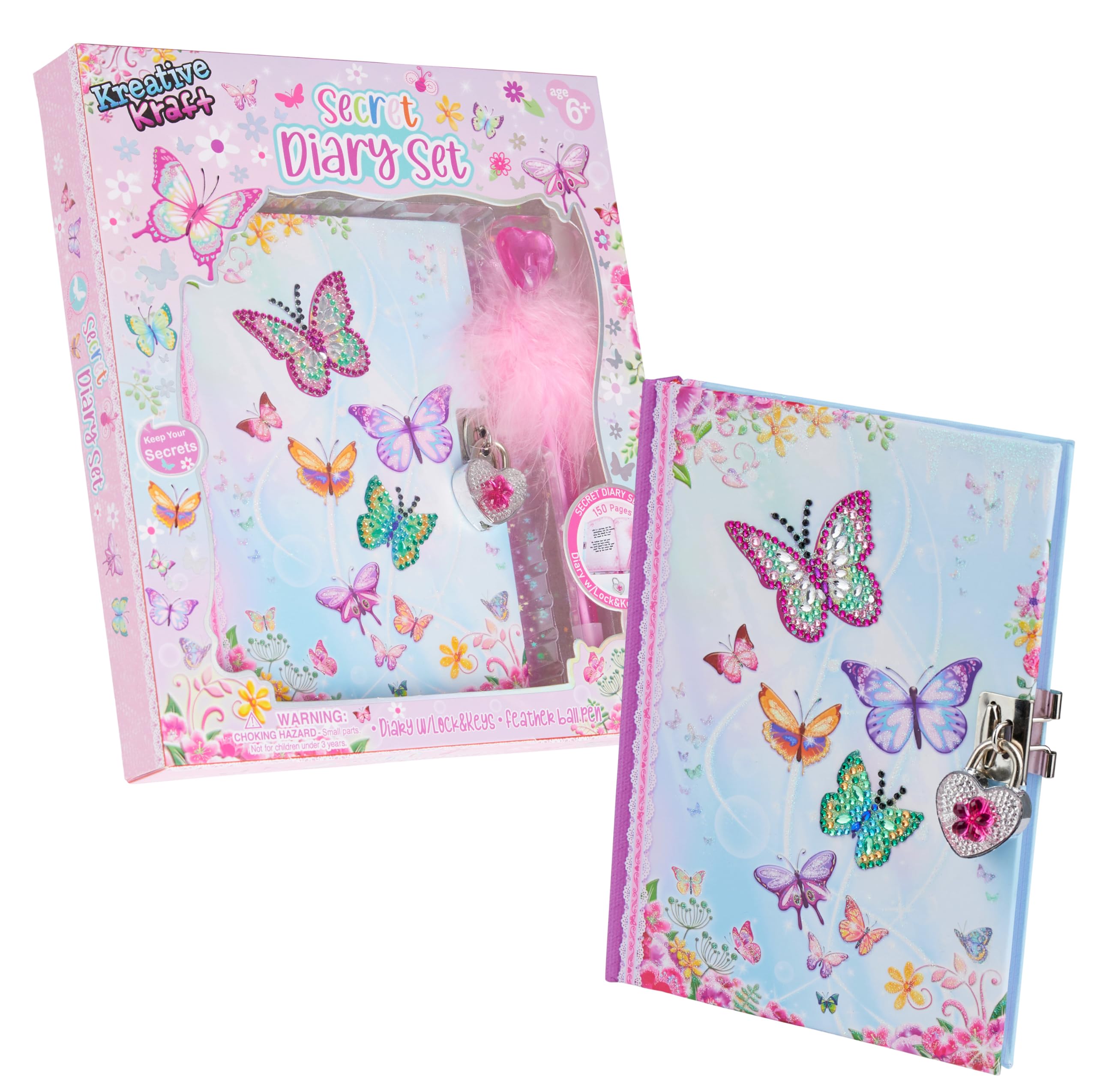 KreativeKraft Secret Diary for Girls with Lock - Journal and Fluffy Pen Set - Gifts for Girls (Pink Butterfly Diary)