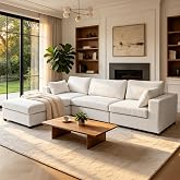 Oversized Modular Sectional Sofa, 113" L Shaped Cloud Couch, Beige | Modern Chenille 4-Seat Sofa with Ottomans, Feather-Filled, Wide Deep, Removable Washable Cover, Easy Assembly for Living Room