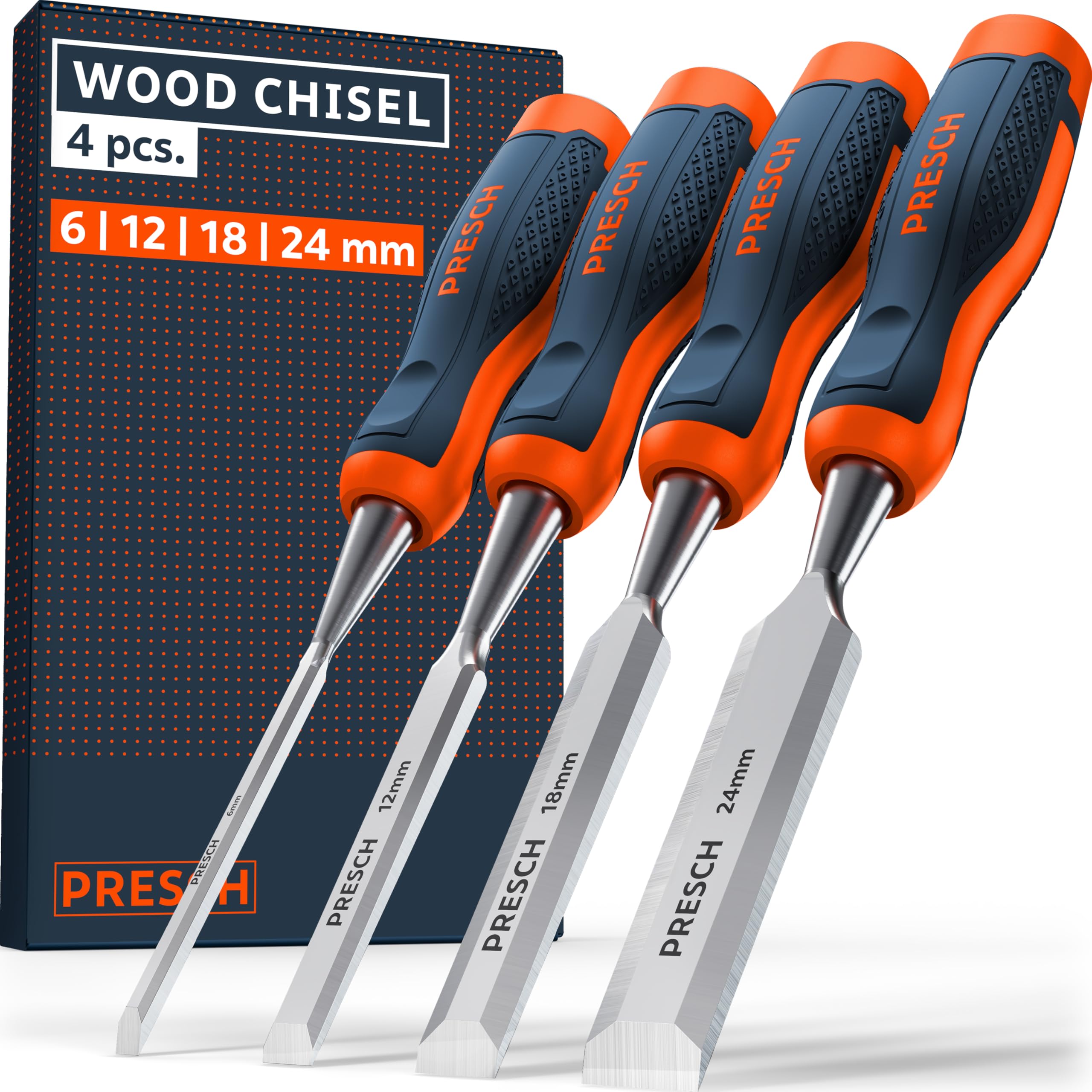 Presch Wood Chisel Set 4 pcs. (6, 12, 18 & 24mm) - Fully Polished for immediate use - for Professionals with a 25° Angle and Robust Metal Striking Cap
