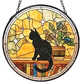 TNUW Black Cat Stained Glass Window Hanging, Black Cat Book Lovers Sun Catchers Indoor Window Glass Round Wall Art Decor, Book Lovers Gifts for Women Wall Hanging Decorations, 7.9＂x7.9＂