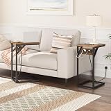 HOOBRO C Shaped Side Table with Charging Station Rustic Brown Black view 6