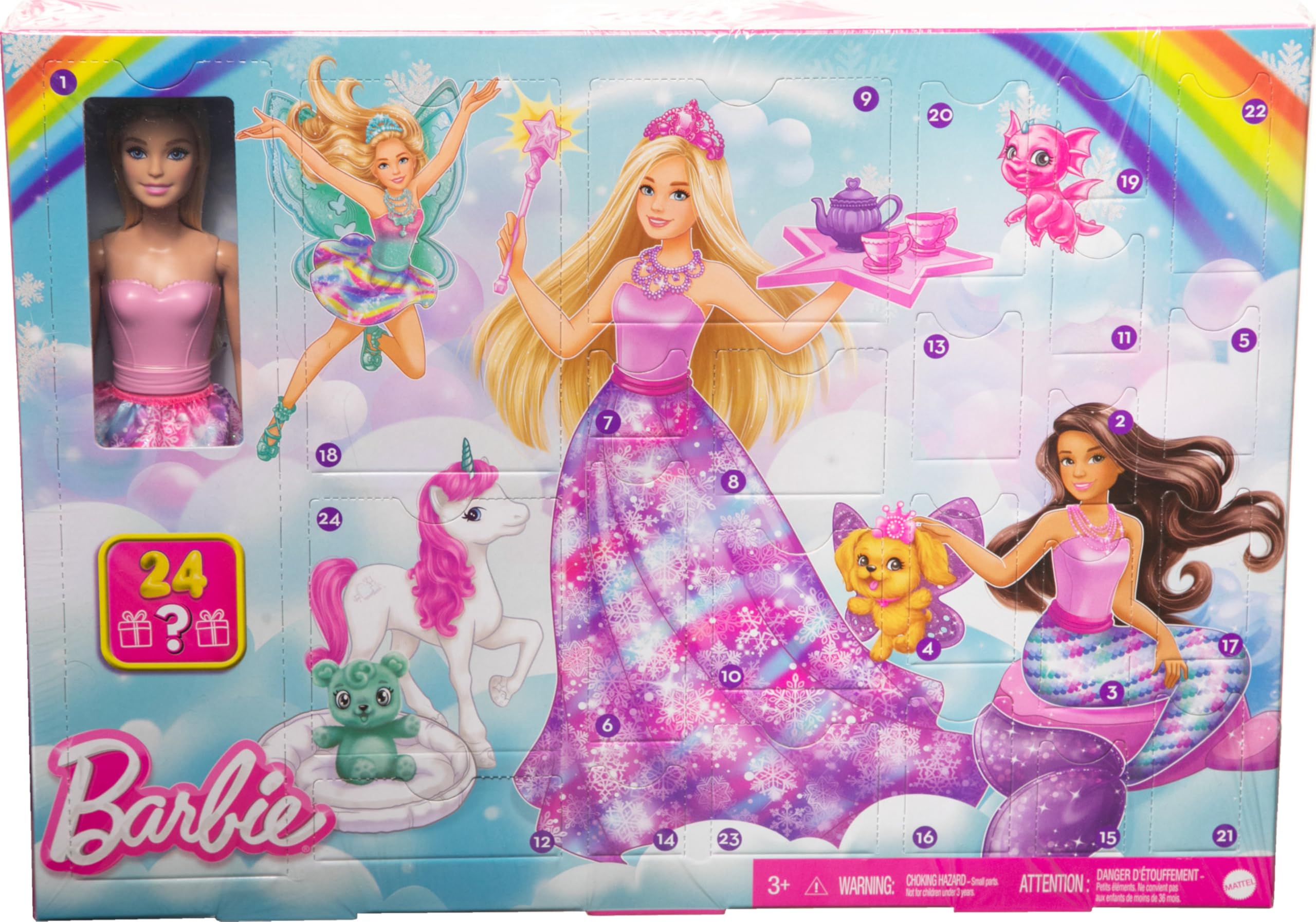 Barbie Dreamtopia Doll and Advent Calendar with 24 Surprises like Fairytale Accessories, Mermaid and Fairy Clothes, and Unicorn and Dragon Pets, HVK26