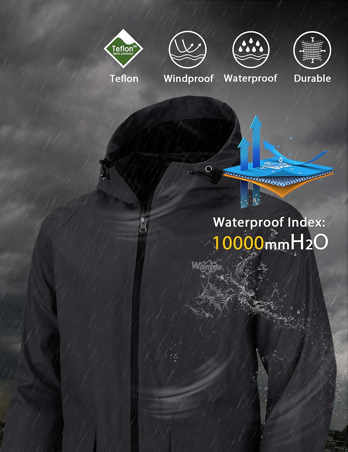 Wantdo Men's Waterproof Rain Jacket Lightweight Hooded Raincoat Breathable Windbreaker at  Men’s Clothing store