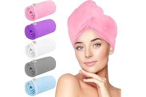 HOMERHYME Microfiber Hair Towel, 5 Pack Hair Drying Towel with Button, Fast Drying Absorbent Soft Turbans for Drying Wet Hair