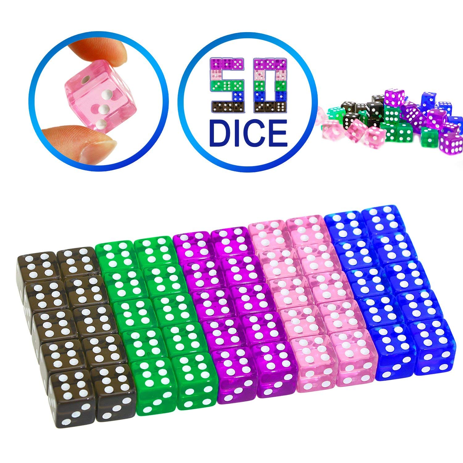 YOUSHARES 50 Pcs Multi-Color Dice Set – Assorted Transparent Color with 10 Pcs each, 16mm D6 Standard Dice with Extra Carrying Bag, Perfect for Tenzi, Yahtzee and Other Casino Games