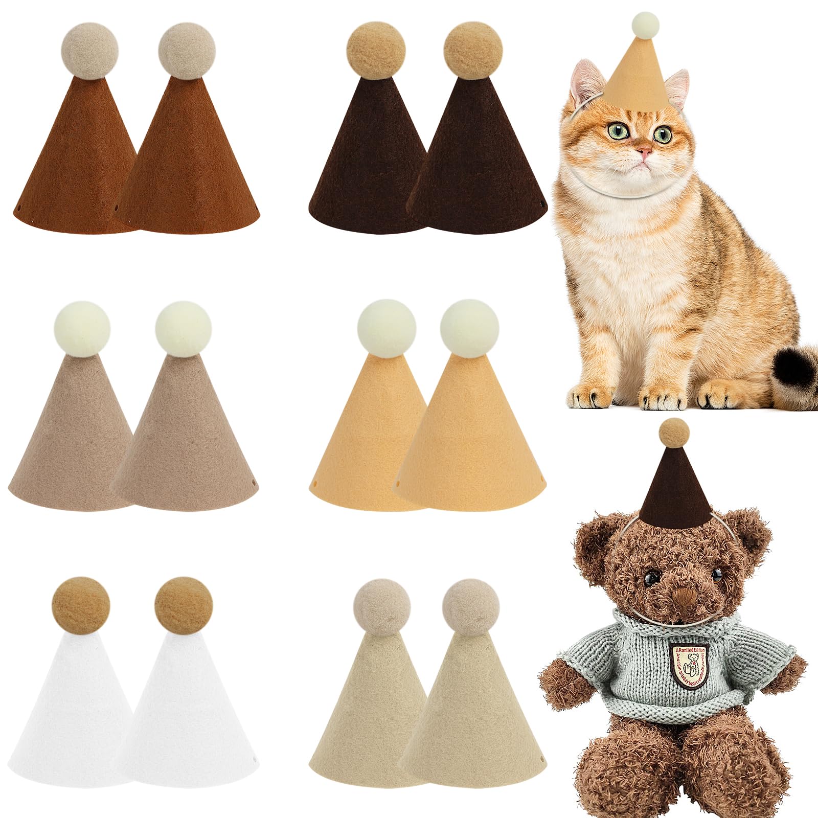 LARDUX 12 pcs mini part hats for toy stuffed animals,mini birthday party for teddies,fabric teddy pastel cute girls birthday party hats, Reusable Decorations for Kids Adults (Brown)