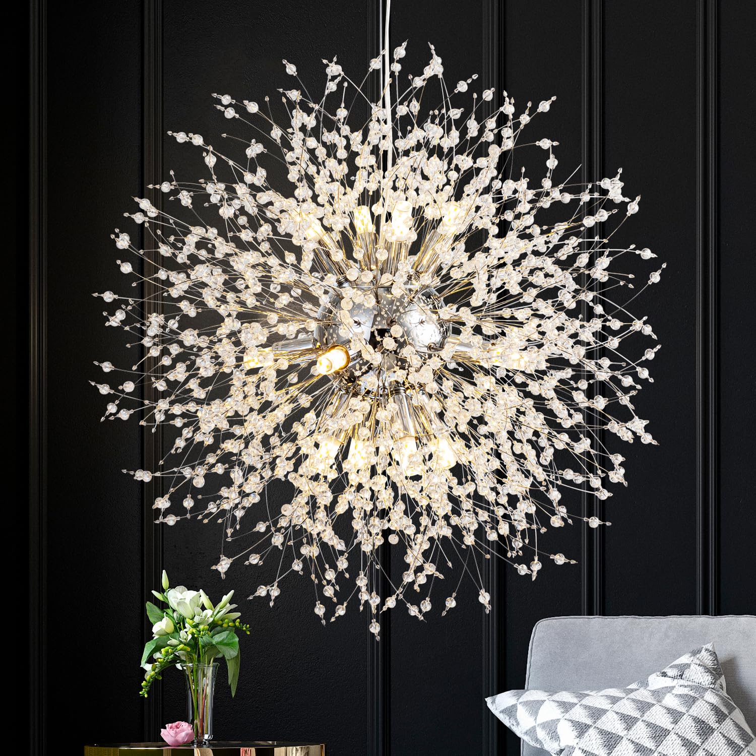 Photo 1 of SineRise Modern Crystal Chandeliers Firework, Crystal Light Fixture, Dandelion Chandelier (12-Light, Chrome) for Foyer Hallway Entryway Kitchen Bedroom (Bulbs Not Included)