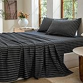 BESTDESIL Striped Bedding Sheet Set 4 Pcs,100% Washed Cotton Linen Like,1 Fitted Sheet,1 Flat Sheet and 2 Pillowcases,Comfy Textured Sheet Set(Strip-Black/White,Queen)