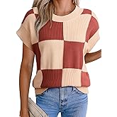 EVALESS Short Sleeve Sweater for Women Crewneck Color Block Knit Tops 2026 Spring Trendy Cap Sleeve Sweater Vest