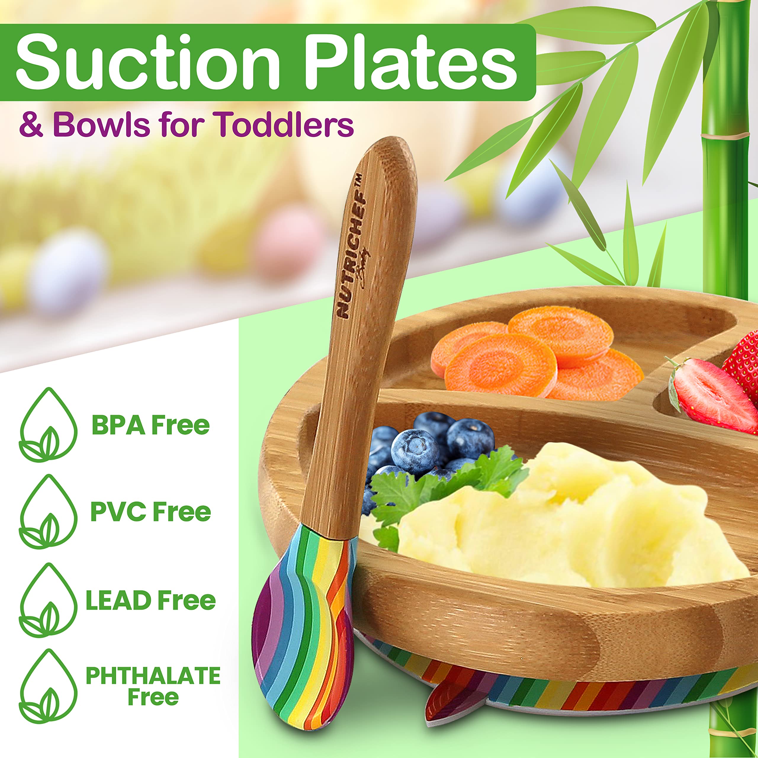 Nutrichef Baby and Toddler, 3 compartment plate, bowl, and spoon feeding set- silicon suction, Non-toxic all natural Bamboo baby food plate with silicon bib