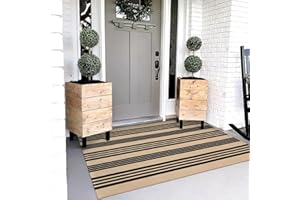 OJIA Fall Outdoor Rug 3'x5', Black and Tan Area Rug Machine Washable Rugs Cotton Hand Woven Entry Rug Indoor Outdoor Striped Carpet for Front Porch/Deck/Backyard/Camping/Living Room