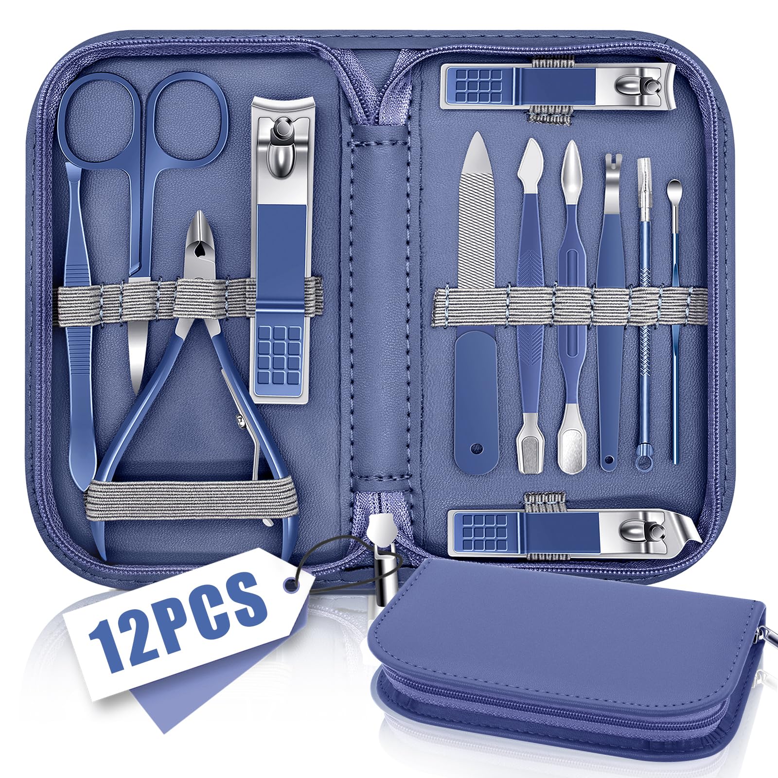 Manicure Set, Nail Care Kit, Manicure Pedicure Set Professional Manicure Kit for Women Men, Manicure & Pedicure Tools & Accessories, Nail Care Tool with Blue Leather Travel Bag, Set 12 in 1 — image 1