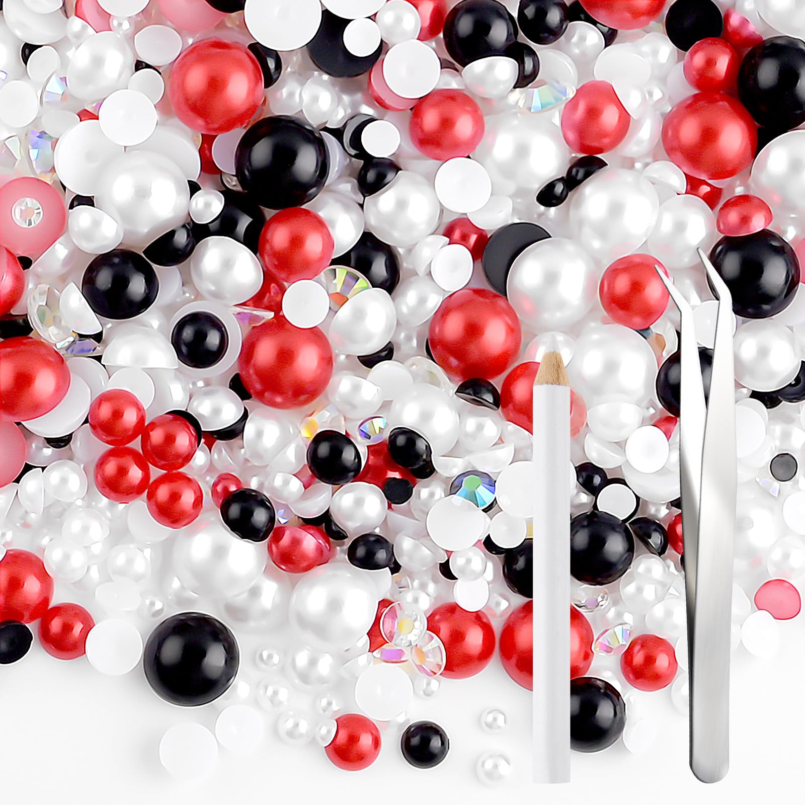 NACHLYNN 60g Mix Pearls and Rhinestones for Crafts Flatback Rhinestones Half Round Mixed Size 3mm-10mm Flatback Pearls for Crafts DIY Nail Art Shoes Clothes Tumblers Mugs (Red Black)