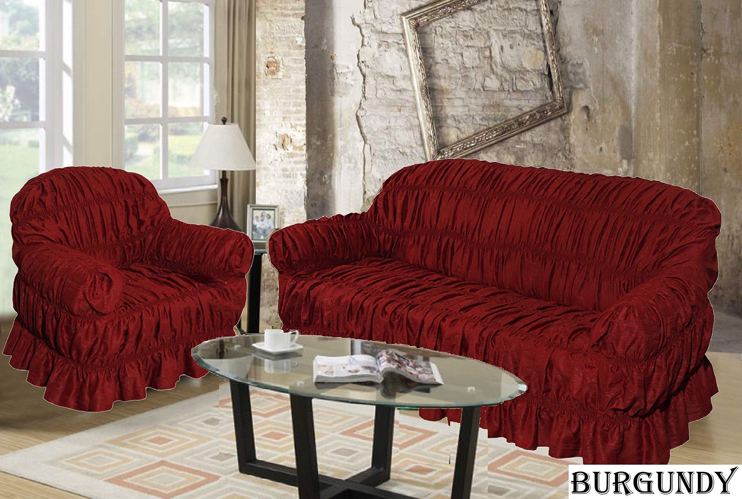 Bedding Instyle Jacquard Sofa Covers Available in 3 Sizes & 6 Colours 2 Seaters (Loveseat), Burgundy