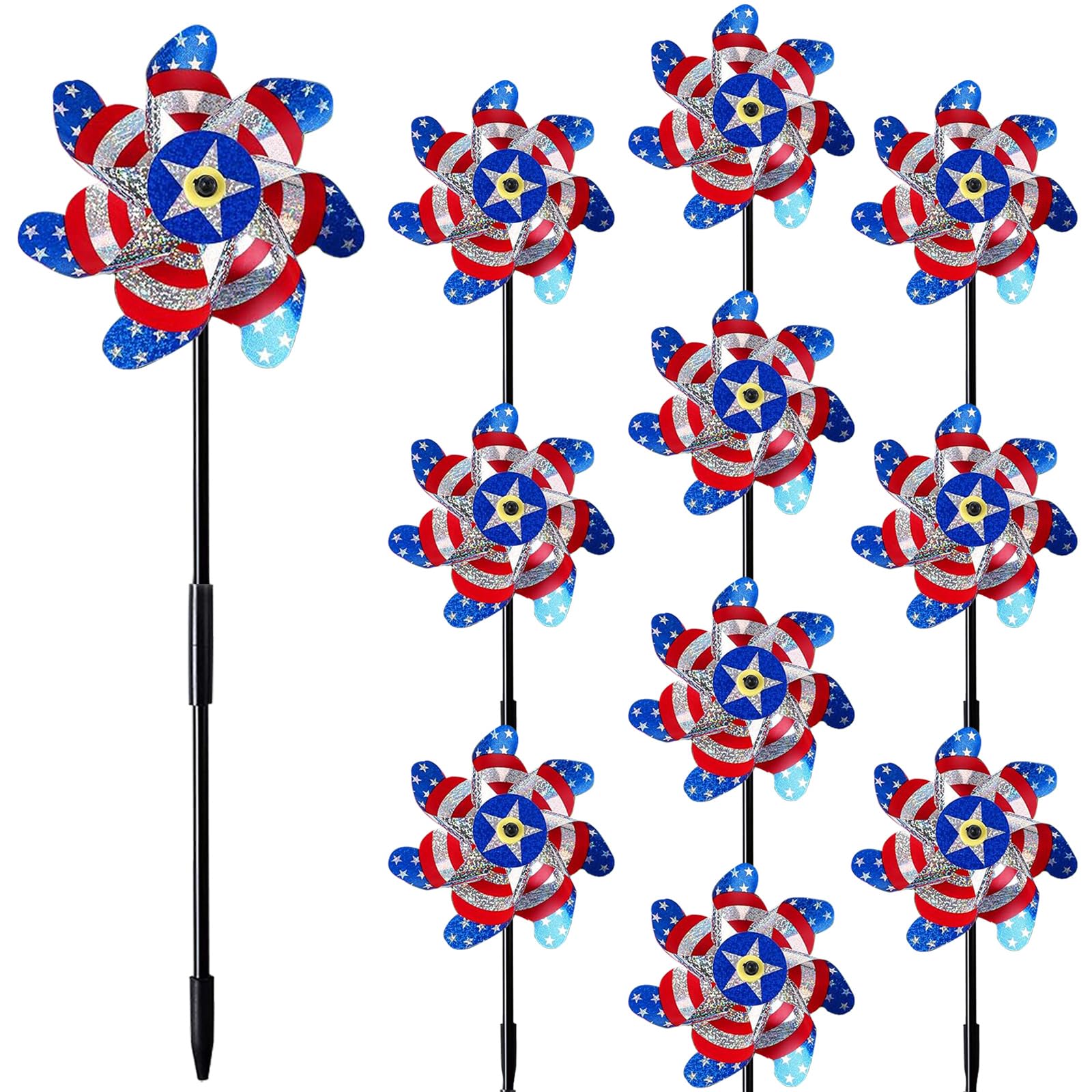 Photo 1 of 10 Pieces 21 Inches Patriotic Reflective Pinwheels with Stakes, American Flag Windmill Wind Spinners for Garden Lawn Yard, 4th of July Decorations, Large Foil Pin Wheels for Bird and Animal Deterrent