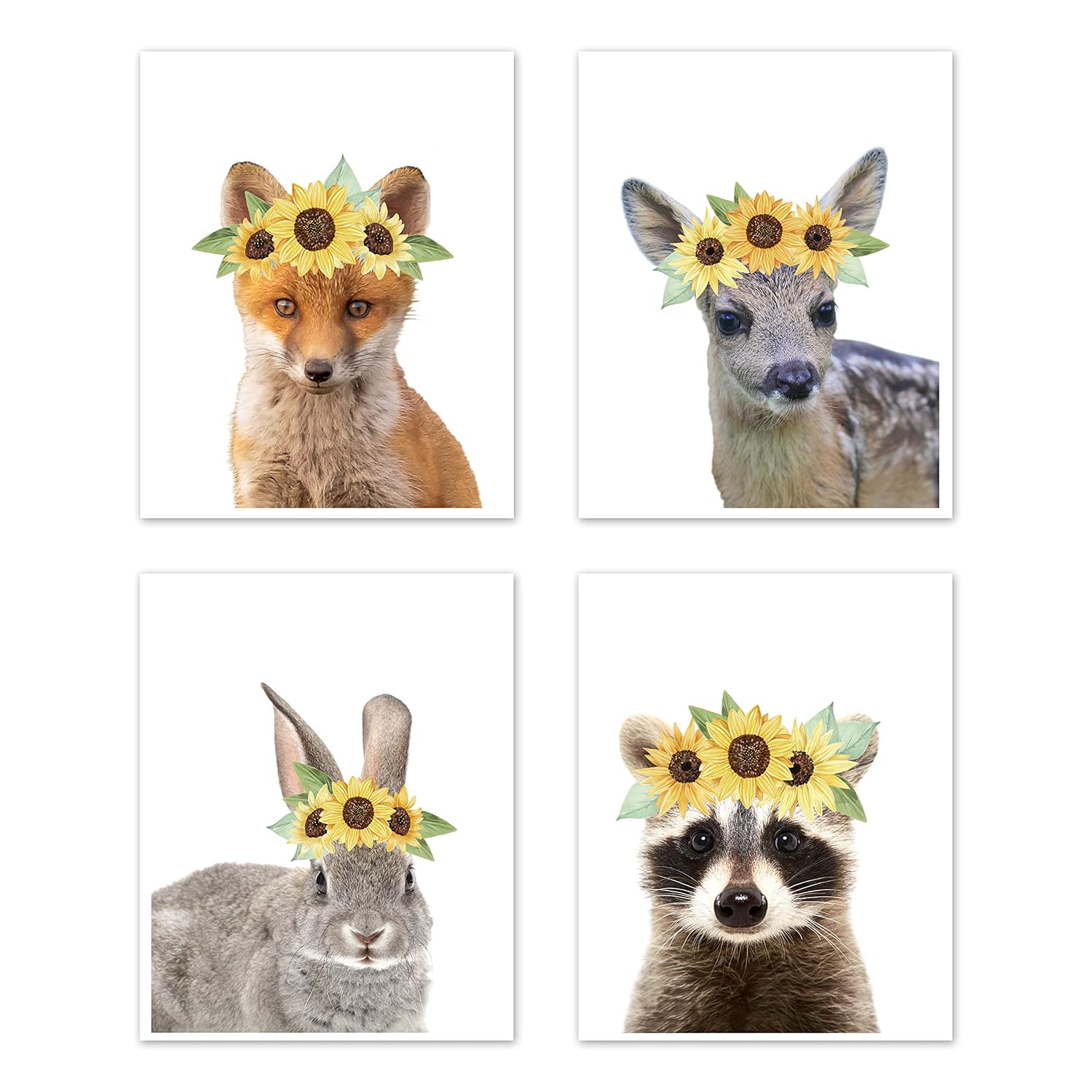 Sweet Jojo Designs Sunflower Woodland Forest Animal Wall Art Prints Room Decor for Baby, Nursery, and Kids - Set of 4 - Fox Deer Bunny Raccoon Yellow Boho Watercolor Floral Flower