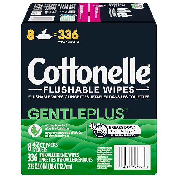 COTTONELLE, GENTLEPLUS FLUSHABLE WET WIPES WITH ALOE & VITAMIN E ADULT WET WIPES 8 FLIP-TOP PACKS 336 TOTAL FLUSHABLE WIPES, 8 COUNT