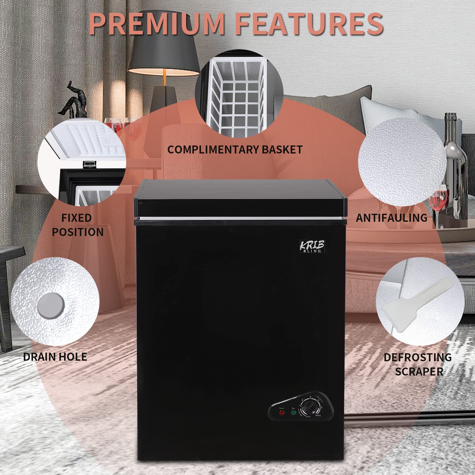 3.5 Cu.Ft Compact Chest Freezer with Removable Basket, Top Door Open Freestanding Deep Freezer with 7 Gears Temperature Adjustment, Ideal for Home, Kitchen & Office, Black (72Q)