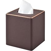 RHCSZ Linen Square Tissue Box Cover,Cube Tissue Box Holder－Excellent Rosegold Leather Decoration,Table Napkin Case Dispenser,Facial Tissues Organizer with Magnetic Bottom for Home Office Car(Coffee)