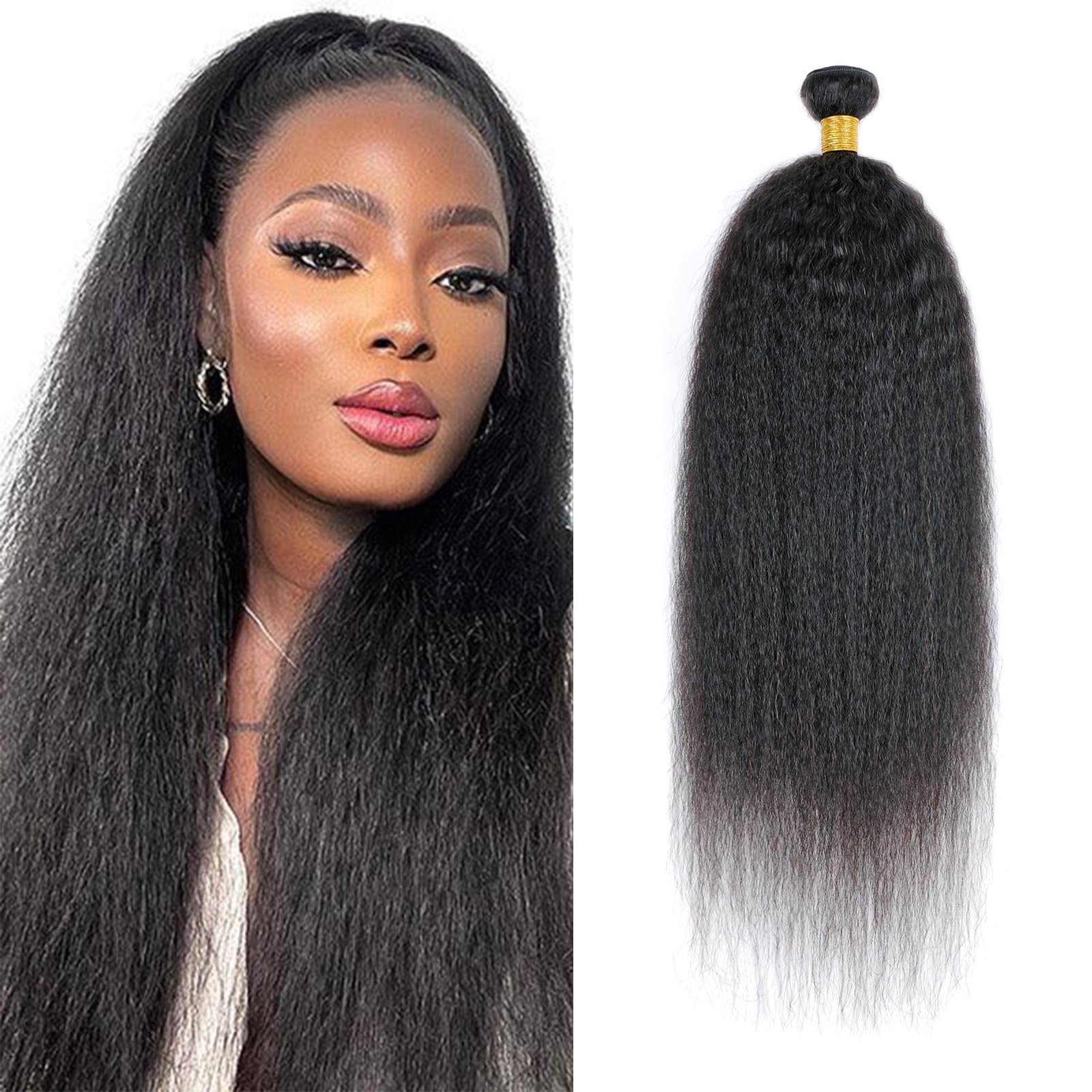 Huarisi 26 Inch Kinky Straight Single Bundles Human Hair 1 Bundle 10A Brazilian Yaki Straight Human Hair Weaves Extensions for Black Women Natural Color Double Weft — image 1