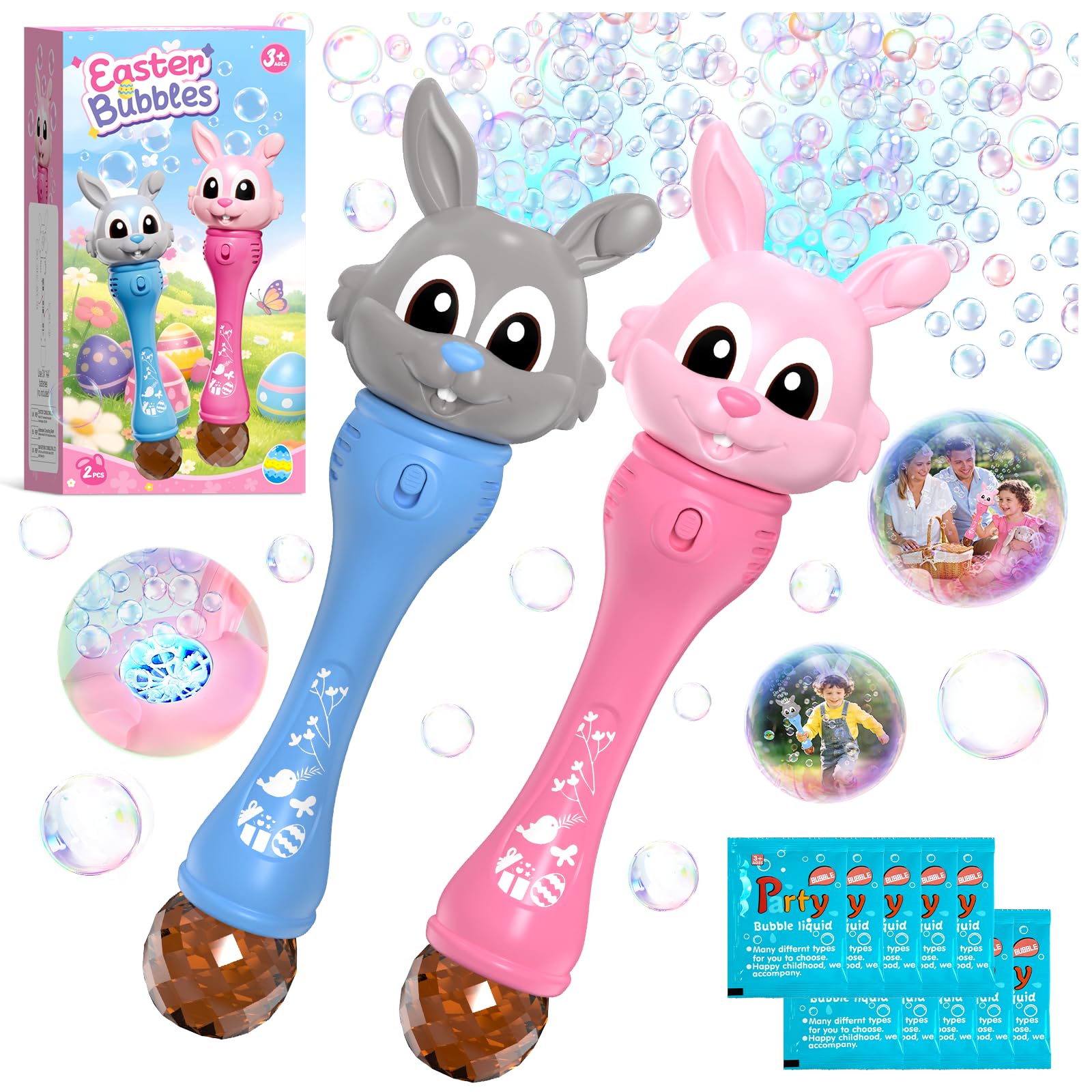 Easter Bubble Wand for Kids 2-Pack, Bunny Bubble Machine with LED Light, Bubble Blower Bubble Maker with 10 Refill Solutions, Outdoor Toys Birthday Gifts for Toddler Boys Girls Age 3+