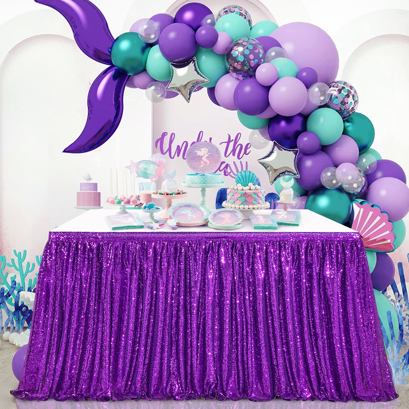 14ft Purple Sequin Table Skirt Sparkle Party Table