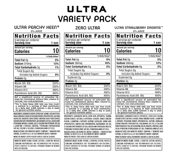 MONSTER ENERGY ULTRA VARIETY PACK, ZERO ULTRA, ULTRA PEACHY KEEN, ULTRA STRAWBERRY DREAMS, SUGAR FREE ENERGY DRINK, 16 OUNCE (PACK OF 15)