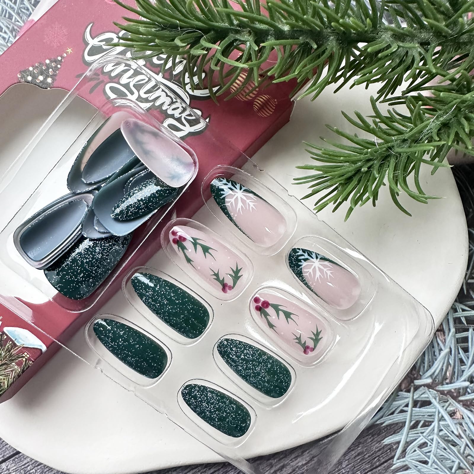 Christmas Press on Nails Almond Green Glitter Fake Nails Medium French Tip False Nails with Snowflake Designs Acrylic Nails Xmas Glue on Nails Glossy Medium Artificial Nails Stick on Nails for Women - Image 5
