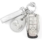 Rayslesan Key Fob Cover with Leather Holder Compatible with Airtag/RFID,Compatible with Ford Fusion Mustang Ranger Explorer Lincoln Aviator,RFID Protector,Car Key Accessories(5-Button, Silver)