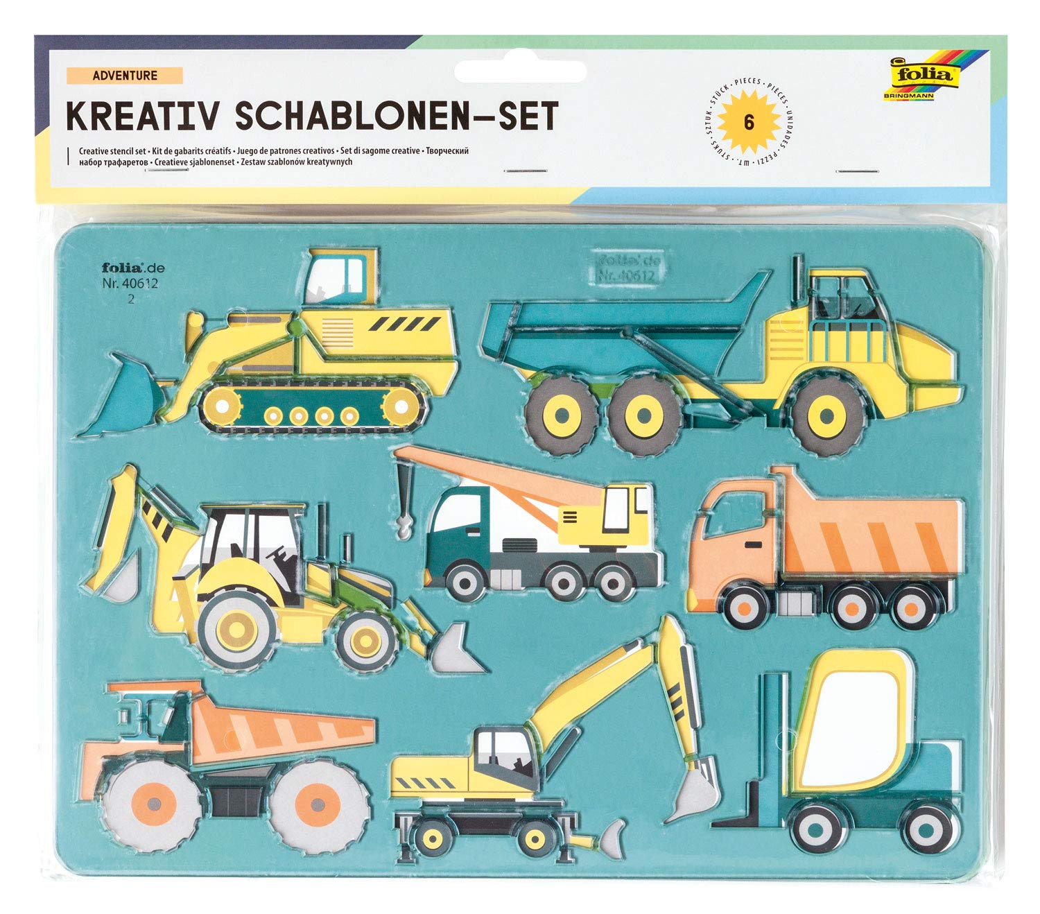 folia 40612 Creative Stencils Adventure, 6 Stencils Including Colouring Templates, for Painting Adventurous Events, Easy to Use with Colouring Pencils, Felt Tip Pens and Markers