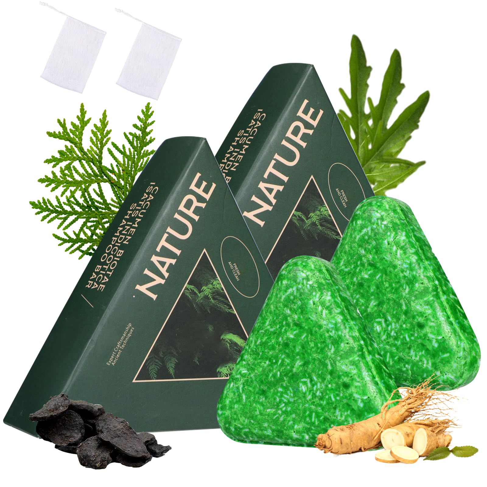 Photo 1 of 2Pcs Nature Seven Green Soap Shampoo, Nature Triangle Shampoo Bar, Polygonum Shampoos Soap, Cepress Orientalis Usman Herbal Hair Strengthening Soap, Strengthens Smooths Hair