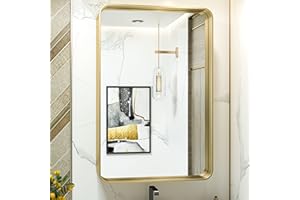 TokeShimi Gold Bathroom Mirror for Wall 24 x 36 Inch Metal Rounded Corner Rectangle Mirror Wall Mirror Metal Frame Deep Set Design Hangs Horizontal Or Vertical Rustic Mirror