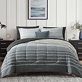 Monbix Full Size Comforter Set - 7 Pieces Bed in a Bag Full, Grey-Stripe Bedding Sets, All Seasons Comforter Bed Set with Sheets, Pillowcases & Shams